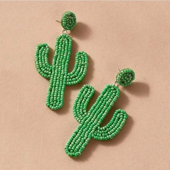 Cactus Glass Bead Green Statement Desert Plant Southwestern Dangle Party Earring - Picture 6 of 6